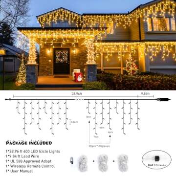 JMEXSUSS 38.8FT Icicle Lights for Outside, 400 LED Icicle Christmas Lights Outdoor Indoor Plug in, W...