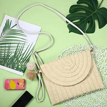 Frienda Straw Shoulder Bag Women Straw Clutch Crossbody Wallet(Creamy White)