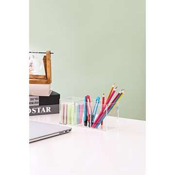 Acrylic Pen Holder for Desk 1/3/4 Compartments,Pencil Cup Stationery Organizer,Cosmetic Brush Storage Box, for Dorm, Office, Kitchen Bathroom. (Clear, 3 compartments)
