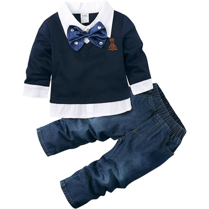 Toddler Boys Bow Tie Shirt and Denim Pants Set