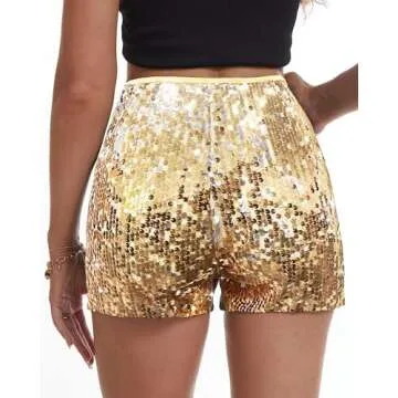 Womens Sequins Shorts A Line High Waist Elastic Sparkly Night-Out Shorts Clubwear Party Short Gold