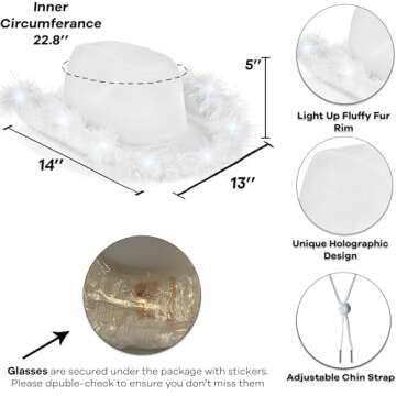 Funcredible White Cowboy Hat and Glasses - Light Up Cowgirl Hat for Girls - Cowboy Hat with Feathers...