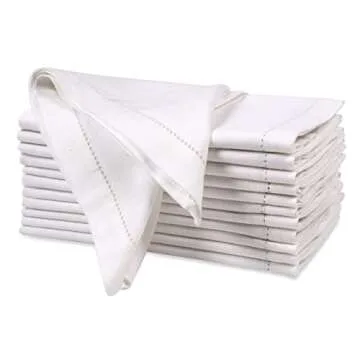 Decorative Cloth dinner Napkins With Hemstitched-Flax Cotton -White color,20x20,Wedding / Cocktails Napkins, Mitered Corners,Machine Washable, Set of12