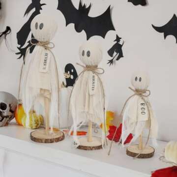 DAZONGE Halloween Decorations Indoor - Set of 3 Primitive Halloween Ghosts on Wooden Stand for Table...