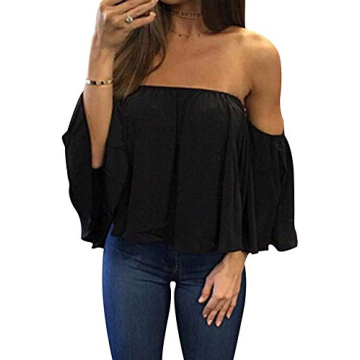 Bluetime Women Summer Off Shoulder Chiffon Blouse Ruffles Short Sleeves Tops Casual T Shirt (XL, Bla...