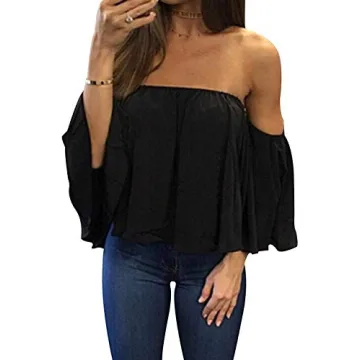 Bluetime Women Summer Off Shoulder Chiffon Blouse Ruffles Short Sleeves Tops Casual T Shirt (XL, Bla...