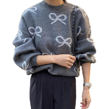 Womens Bow Sweater Y2k Knit Crew Neck Long Sleeve Shirt Vintage Drop Shoulder Pullover Jumper Oversi...