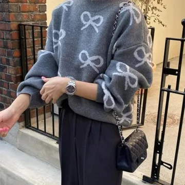 Womens Y2K Bow Sweater - Oversized Knit Pullover Top