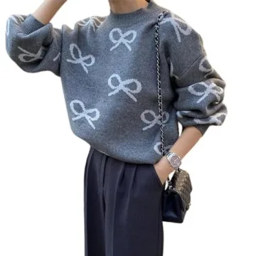 Womens Y2K Bow Sweater - Oversized Knit Pullover Top