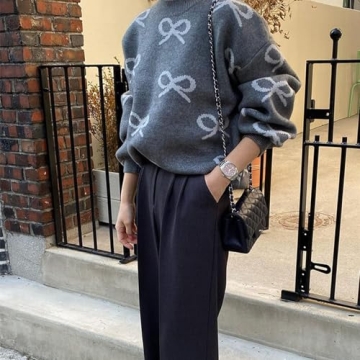 Womens Y2K Bow Sweater - Oversized Knit Pullover Top