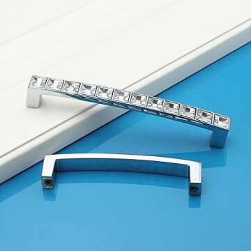 abcGoodefg Modern Crystal Glass Rhinestone Cabinet Handle Pulls Clear Bling Draw Knobs U Shape Door Handle Pulls Knobs, 5.3" Length (5" Hole Centers), Clear Silver, Zinc Alloy, 10-Pack