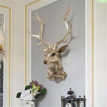 YYDX Gold Deer Head Wall Sculpture, Faux Antlers Wall Mount Art Decoration, Wall Decor Living Room Dining Room Background Wall Pendant Deer Head