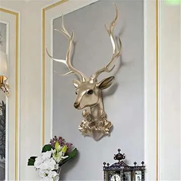 YYDX Gold Deer Head Wall Sculpture, Faux Antlers Wall Mount Art Decoration, Wall Decor Living Room Dining Room Background Wall Pendant Deer Head