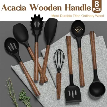 Umite Chef Silicone Cooking Utensil Set with Acacia Wood Handles