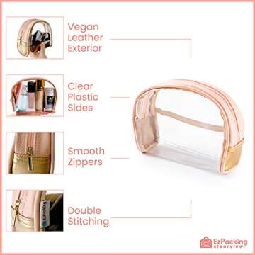 EzPacking Half Moon Bag/Clear Cosmetic Pouch for Purse/Transparent TSA Compliant Clear Quart Bag for Travel/See-Through Clutch or Handbag for Makeup/Made From Vegan Leather, Vinyl PVC & Suede (Blush)