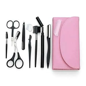 8PCS/SET Eyebrow Shaping Grooming Kit, Eyebrow Scissors, Eyebrow Pencil, Eyebrow Brush Trimmer, Brush, Beauty Tools Set with Leather Bag (pink)