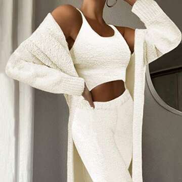 VamJump Womens Fuzzy Fleece Outfits Tank Tops Tummy Control High Waist Pants Kimono Cardigan 3 Piece Set,White,S