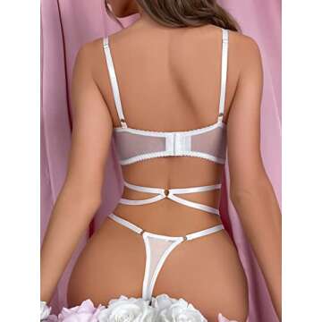 WDIRARA Women's Sheer Floral Lace Underwired Exotic Lingerie Set with Garter and Stockings White XS