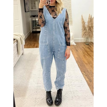 PLNOTME Women's Denim Overall Jumpsuits Sleeveless Comfortable