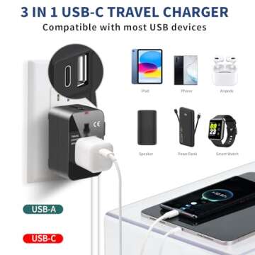 Travel Adapter with USB C, Universal All in One Worldwide Travel Adapter Power Converters Wall Charg...