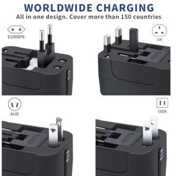 Travel Adapter with USB C, Universal All in One Worldwide Travel Adapter Power Converters Wall Charger AC Power Plug Adapter USB Type C Charging Ports for USA EU UK AUS Black