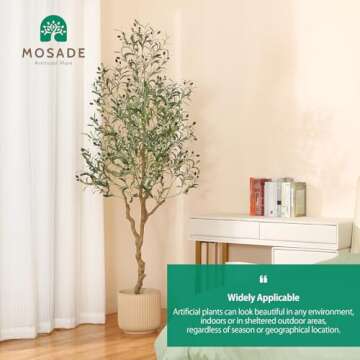MOSADE Artificial Olive Tree 7 Feet Fake Olive Silk Plant and Handmade Seagrass Basket, Perfect Tall Faux Topiary Silk Tree for Indoor Entryway Modern Decor Home Office Porch Balcony Gift,1Pack