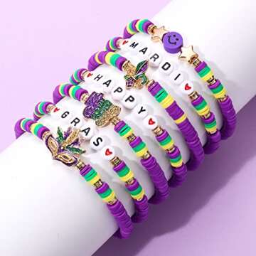 XOCARTIGE Surfer Heishi Bracelets for Women Stackable Rainbow Vinyl Disc Clay Beaded Stretch Bracelets Elastic Layering Friendship Bracelets Boho Summer Beach Jewelry (Mardi Gras 2)