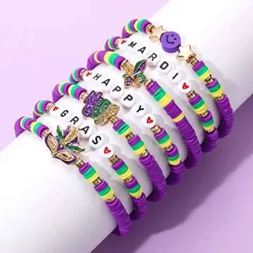 XOCARTIGE Surfer Heishi Bracelets for Women Stackable Rainbow Vinyl Disc Clay Beaded Stretch Bracelets Elastic Layering Friendship Bracelets Boho Summer Beach Jewelry (Mardi Gras 2)