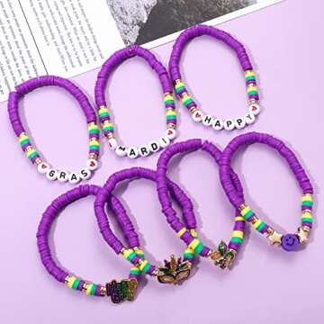 XOCARTIGE Surfer Heishi Bracelets for Women Stackable Rainbow Vinyl Disc Clay Beaded Stretch Bracelets Elastic Layering Friendship Bracelets Boho Summer Beach Jewelry (Mardi Gras 2)