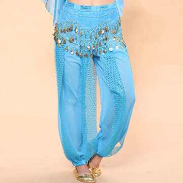 MUNAFIE Belly Dance Harem Pants Arabic Halloween Lantern shiny Pants Fancy Pants US0-14 Sky Blue