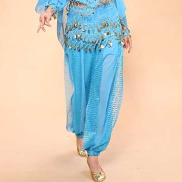 MUNAFIE Belly Dance Harem Pants Arabic Halloween Lantern shiny Pants Fancy Pants US0-14 Sky Blue