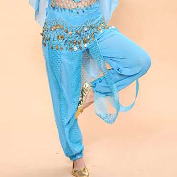 MUNAFIE Belly Dance Harem Pants Arabic Halloween Lantern shiny Pants Fancy Pants US0-14 Sky Blue