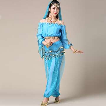 MUNAFIE Belly Dance Harem Pants Arabic Halloween Lantern shiny Pants Fancy Pants US0-14 Sky Blue