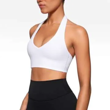 INGIA Womens Halter Longline Sports Bra Padded Low Back Yoga Bar Workout Crop Top with Built in Bra White Medium
