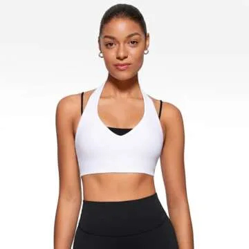 INGIA Womens Halter Longline Sports Bra Padded Low Back Yoga Bar Workout Crop Top with Built in Bra White Medium