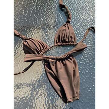 Women Thong Bikini Set Cheeky Halter Triangle String Two Piece Swimsuits Sexy Ruched Brazilian Bathing Suit Brown