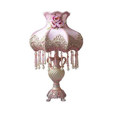 LITFAD Korean Garden Vase Shaped Table Lamp Single Bulb Fabric Nightstand Light Romantic Princess Room Bedside Lamp in Pink with Beaded Fringe Trim for Bedroom Girls Room Hotel