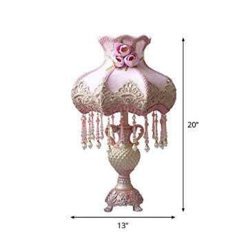 LITFAD Korean Garden Vase Shaped Table Lamp Single Bulb Fabric Nightstand Light Romantic Princess Room Bedside Lamp in Pink with Beaded Fringe Trim for Bedroom Girls Room Hotel