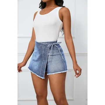 HTD Women's Denim Skort Skirt Asymmetrical Wrap Jean Skirts Shorts with Frayed Hem Light Blue S