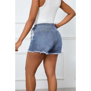 HTD Women's Denim Skort Skirt Asymmetrical Wrap Jean Skirts Shorts with Frayed Hem Light Blue S