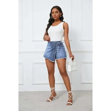 HTD Women's Denim Skort Skirt Asymmetrical Wrap Jean Skirts Shorts with Frayed Hem Light Blue S