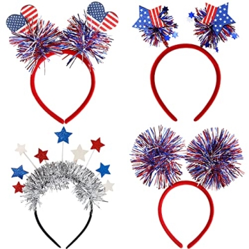 DIUEWOW 4PCS Patriotic Head Boppers Headband 4th of July Party Favors Star Love Heart Flashing Desig...