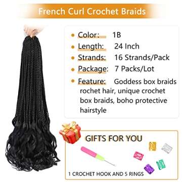French Curl Crochet Braids 24 Inch 7 Packs Goddess Box Braids Crochet Hair For Women Pre Looped Fren...