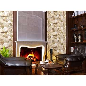 Dundee Deco REAZ245WB-5 Brown Beige Faux Stone PVC 3D Wall Panel, 3.2 ft X 2.1 ft (98cm X 63cm), Interior Design Wall Paneling Decor, 6.7 sq. ft. (0.62 sq. m) Each, Pack of 5