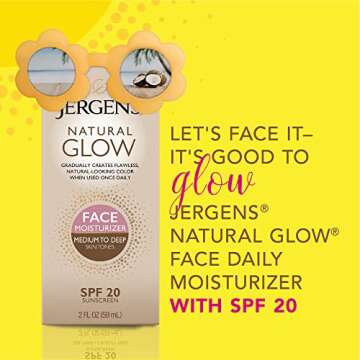 Jergens Natural Glow Self Tanner Face Moisturizer, SPF 20 Facial Sunscreen, Medium to Deep Skin Tone, Sunless Tanning, Oil Free, Broad Spectrum Protection UVA and UVB, 2 oz (Packaging May Vary)