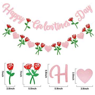 Happy Galentine's Day Banner - Pink Glitter Galentine’s Day Decorations, Rose Heart Garland Banner...