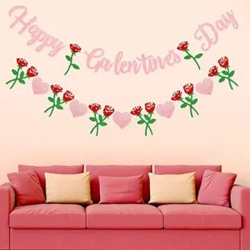 Happy Galentine's Day Banner - Pink Glitter Galentine’s Day Decorations, Rose Heart Garland Banner Sign for Ladies Girls Friends Valentine’s Day Party Decor, Break Up Party Favor Photo Props