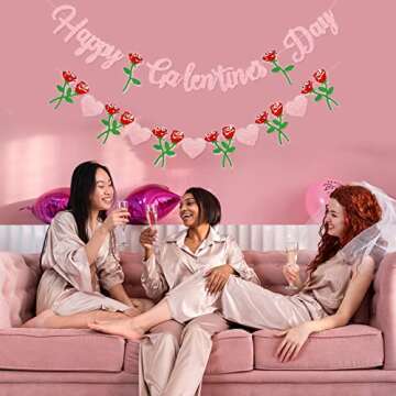 Happy Galentine's Day Banner - Pink Glitter Galentine’s Day Decorations, Rose Heart Garland Banner Sign for Ladies Girls Friends Valentine’s Day Party Decor, Break Up Party Favor Photo Props