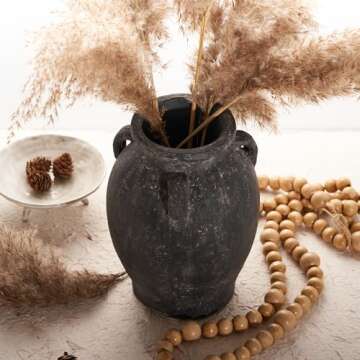 Terracotta Vase with 3 Ear | Handmade Black Ceramic Pottery 9.5'' Tall | Large Distressed Unique Vin...