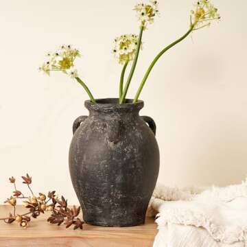 Terracotta Vase with 3 Ear | Handmade Black Ceramic Pottery 9.5'' Tall | Large Distressed Unique Vintage Vase | Rustic Farmhouse Pottery for Flowers | Textured | Wide Mouth | Centerpieces.
